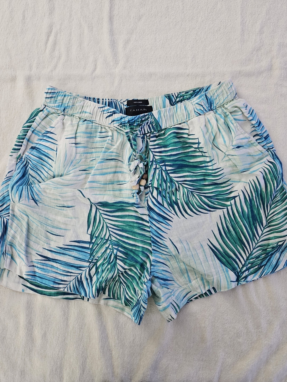 Tahari 100% Linen Tropical Palm Leaf Drawstring Shorts Large Green Blue